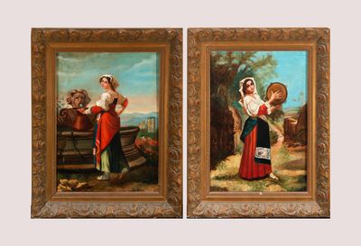 two paintings of a woman in a red dress and a man in a white shirt