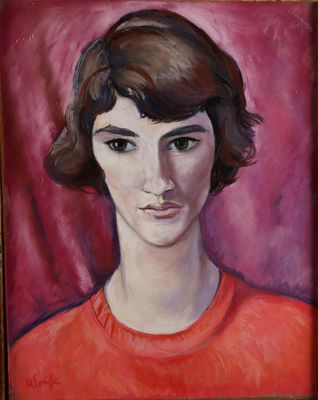 painting of a woman in a red shirt in a wooden frame