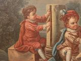 a painting of two children sitting on a ledge