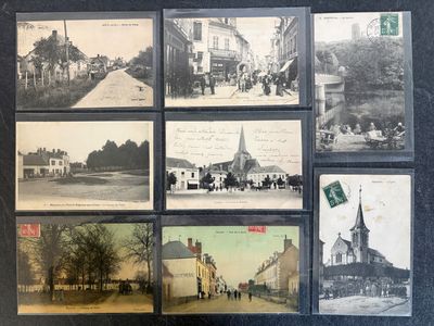 several old black and white photographs of people and buildings in a town