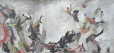 une peinture à l'huile représentant un groupe de personnes dansant sur une scène