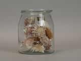 a glass jar filled with dried flowers on a table