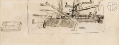drawing of a boat in a body of water with a man sitting on the dock