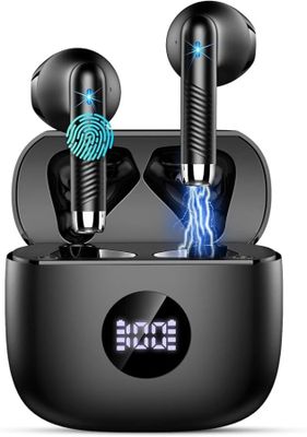 a pair of bluetoothed earphones with a fingerprint on it