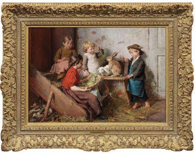 an image of a painting of a group of children in a barn