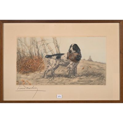 tableau représentant un chien dans un champ, avec des arbres et des buissons en arrière-plan