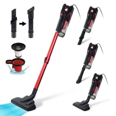 a close up of a red vacuum cleaner with four different tools