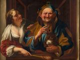 painting of a man and a woman holding a cat in front of a window