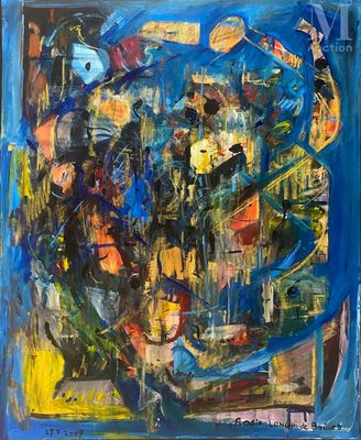 une peinture représentant une œuvre abstraite bleue et jaune sur fond bleu