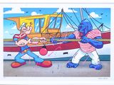 painting of two cartoon characters fighting over a boat in a harbor