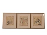 trois tableaux asiatiques encadrés représentant des hommes et des femmes à cheval