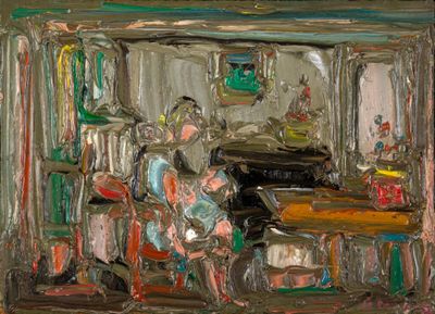 un tableau représentant une femme assise dans une cuisine