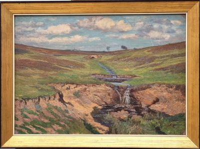 a painting of a stream running through a valley