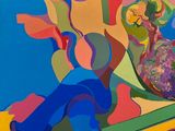peinture abstraite aux couleurs vives représentant une femme assise sur un banc
