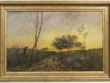 un tableau représentant un paysage avec des arbres et une route au premier plan
