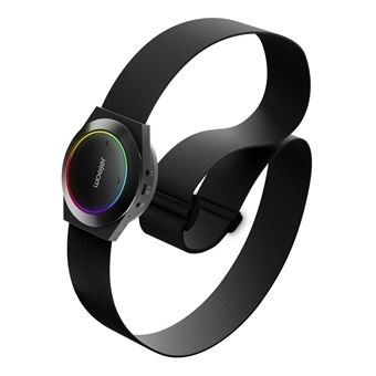 un gros plan d'une montre connectée avec un bracelet noir