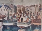 peinture de bateaux dans un port avec des bâtiments en arrière-plan