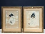 two framed pictures of a woman in a hat and a woman in a dress