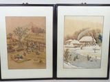 two framed asian paintings of a village scene and a pond