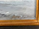 an image of a painting of a boat in the ocean by a shore