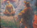 une peinture à l'huile représentant deux hommes avec des parapluies dans un champ