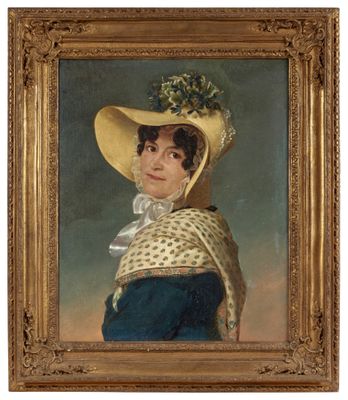 portrait d'une dame portant un chapeau jaune et une robe bleue