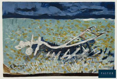 une image représentant un tableau où l'on voit un bateau dans un champ d'herbe