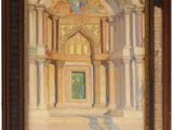 an oil painting of a building with columns and a doorway
