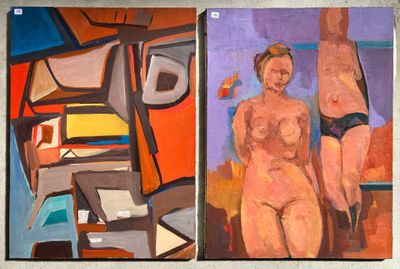 two paintings of a woman standing next to a man in a bathing suit