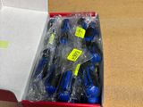a red box with a bunch of blue and yellow screws in it