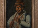 painting of a man playing a flute in a wooden frame