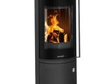a black stove with a fire inside of it on a white background