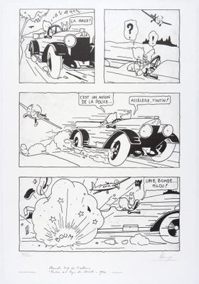 une image tirée d'une bande dessinée représentant une voiture poursuivie par un chien