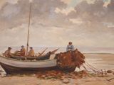 a painting of three men on a boat on the beach