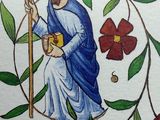 a painting of jesus holding a staff and surrounded by flowers