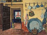 un tableau représentant une cuisine avec des casseroles et des poêles accrochées au mur