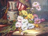 un tableau représentant un vase et des fleurs posés sur une table