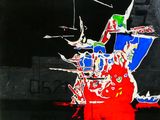 abstract painting of a ship in a dark room with graffiti on the walls