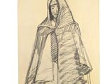 dessin au crayon représentant une femme vêtue d'un sweat à capuche et tenant une canne