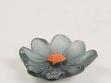 a small gray flower with a orange center on a white surface