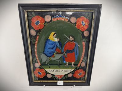 an image of a painting of a man and a woman on a horse