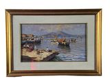 tableau à l'huile encadré représentant des bateaux sur l'eau dans un port