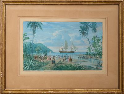 tableau représentant un bateau sur l'eau, avec des personnes sur le rivage