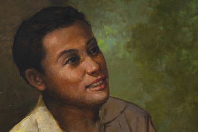 painting of a young man in a brown shirt with a green background
