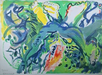 peinture représentant une fleur verte et jaune, entourée de fleurs bleues et rouges