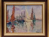 une peinture à l'huile représentant des voiliers dans un port par une journée ensoleillée