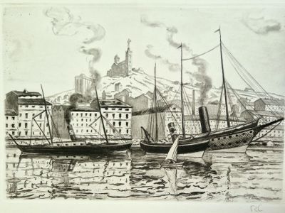 un dessin en noir et blanc d'un bateau dans l'eau