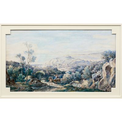une image représentant un tableau de paysage avec des chevaux et un homme à cheval