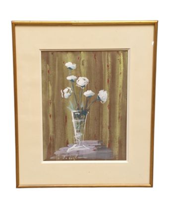 painting of white flowers in a vase on a table in front of a curtain