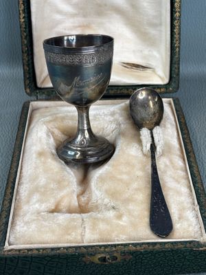 a silver goblet and spoon sitting in a box